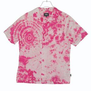 Stussy Mens Tie Dye Button Front Shirt Size L Allover Print Pink Streetwear